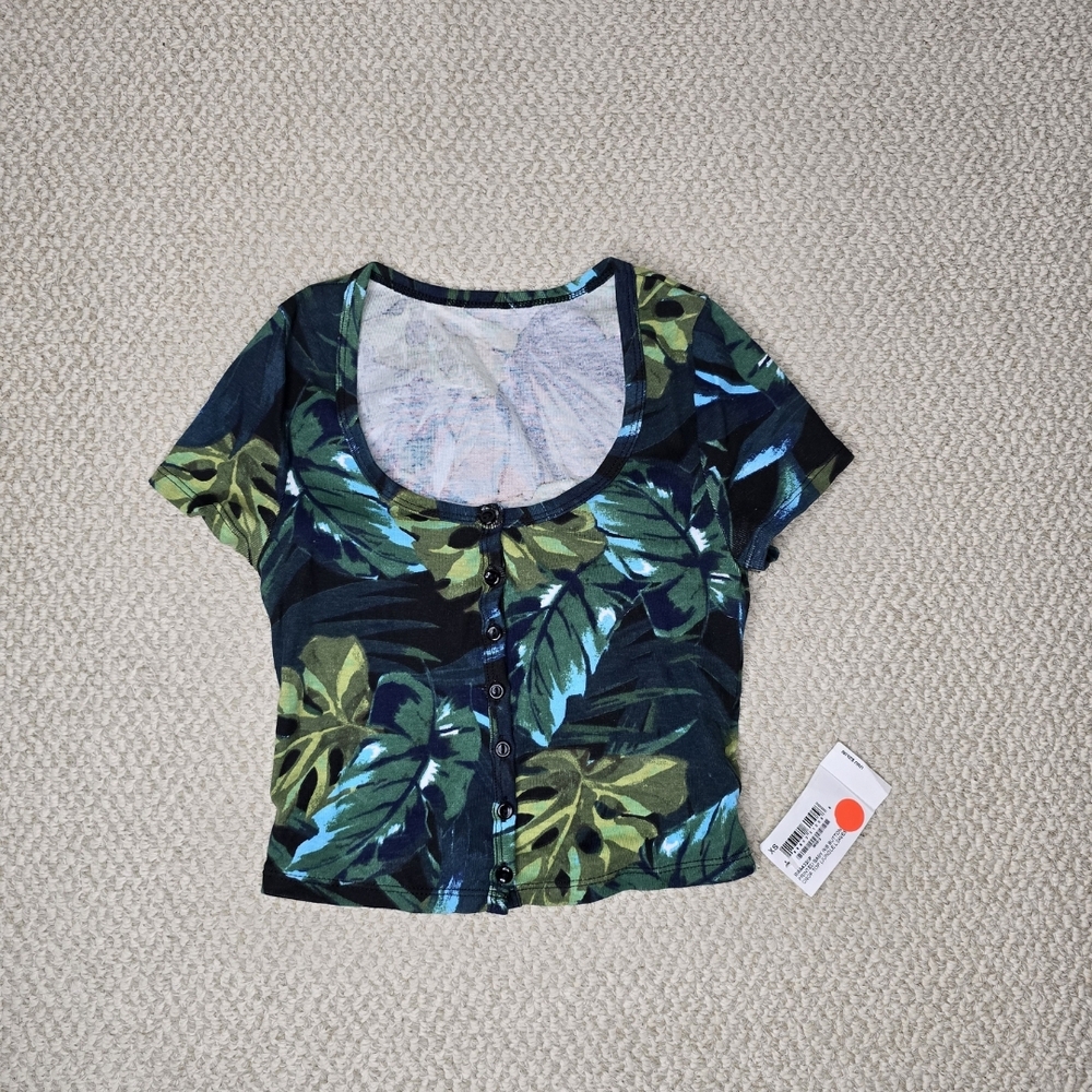 American Apparel Printed Baby Rib Crop Buttoned Blouse XS NWT